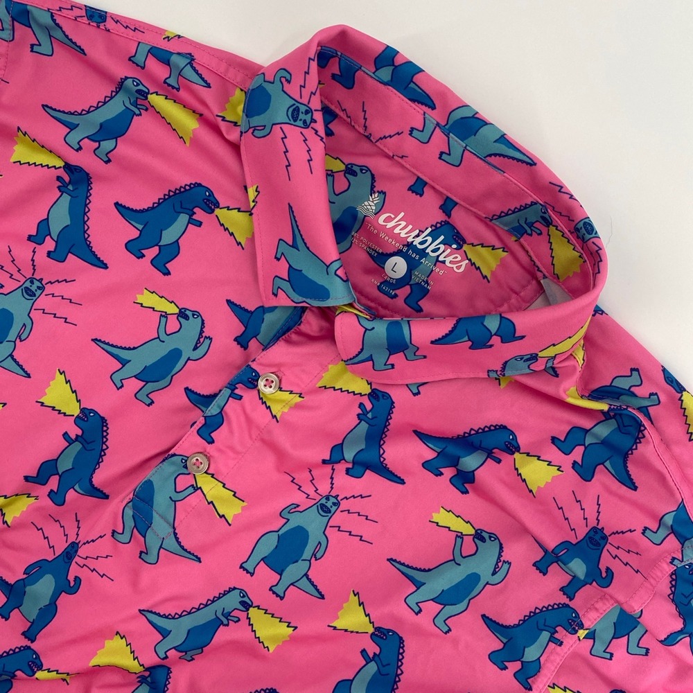 Chubbies Polo Shirt Mens Large Pink Dinosaur Godzilla Stretch Golf Quirky Active